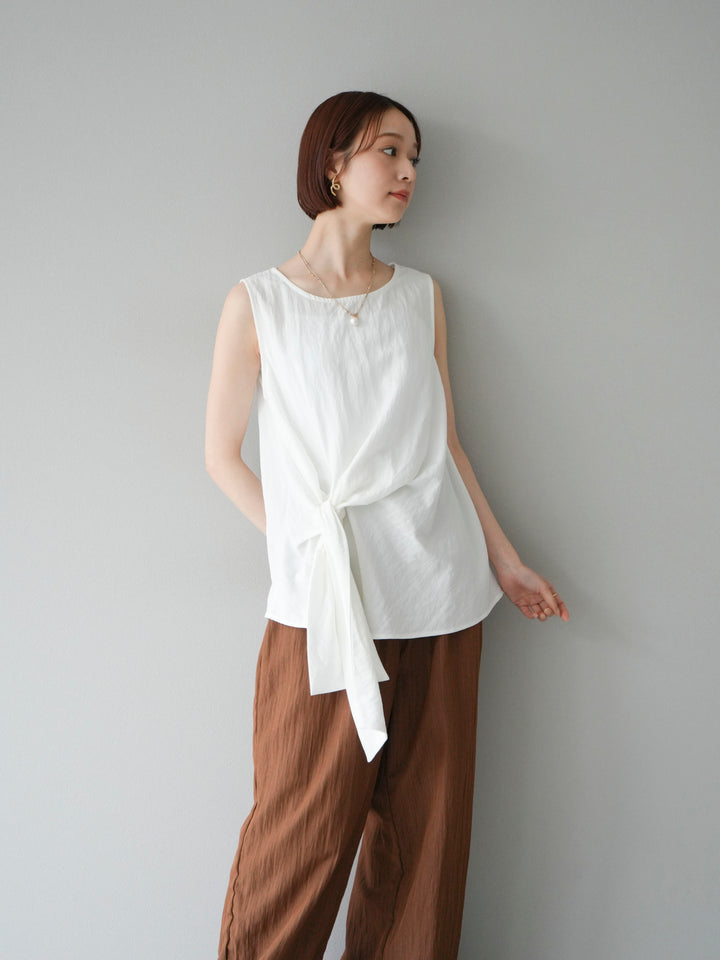 [SET] 前裹式無袖上衣+麻質下擺回型寬褲（2件組）