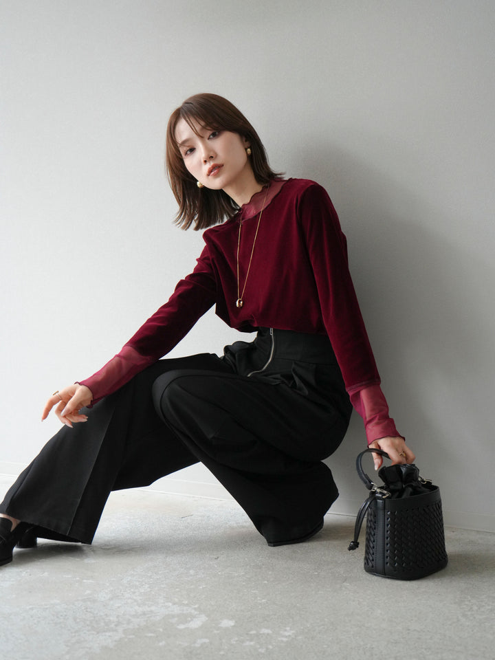 [預購] 薄紗天鵝絨上衣/酒紅色