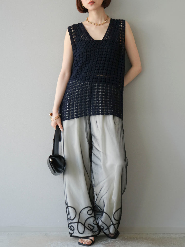 [予約]レースアップクロシェ編みニットベスト/ネイビー