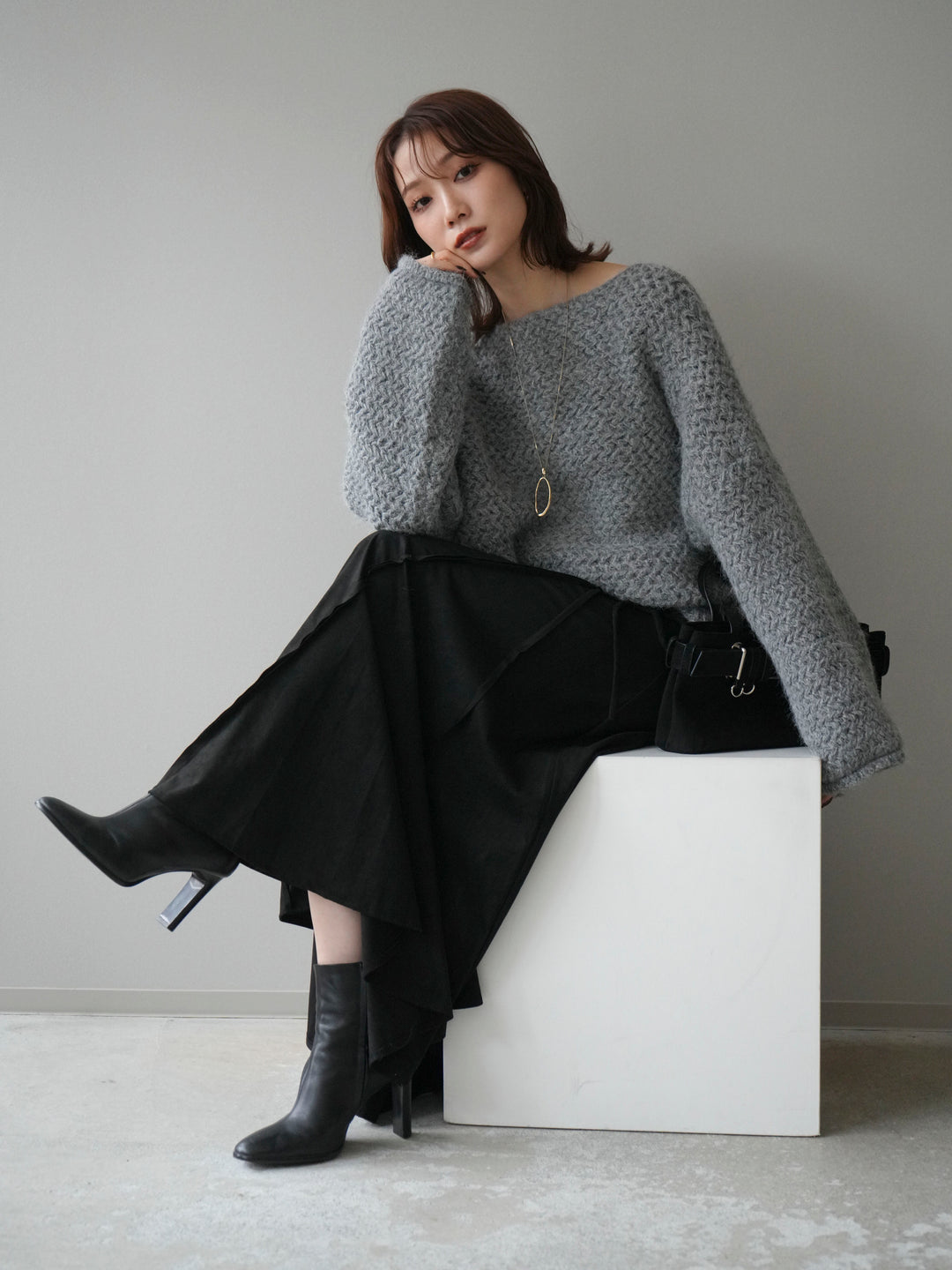 [予約]ワッフル編みオーバーニットプルオーバー/gray