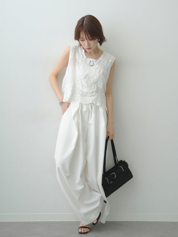 [SET]アンティークレースノースリトップス+ベルトループカーブタックワイドパンツ(2set)