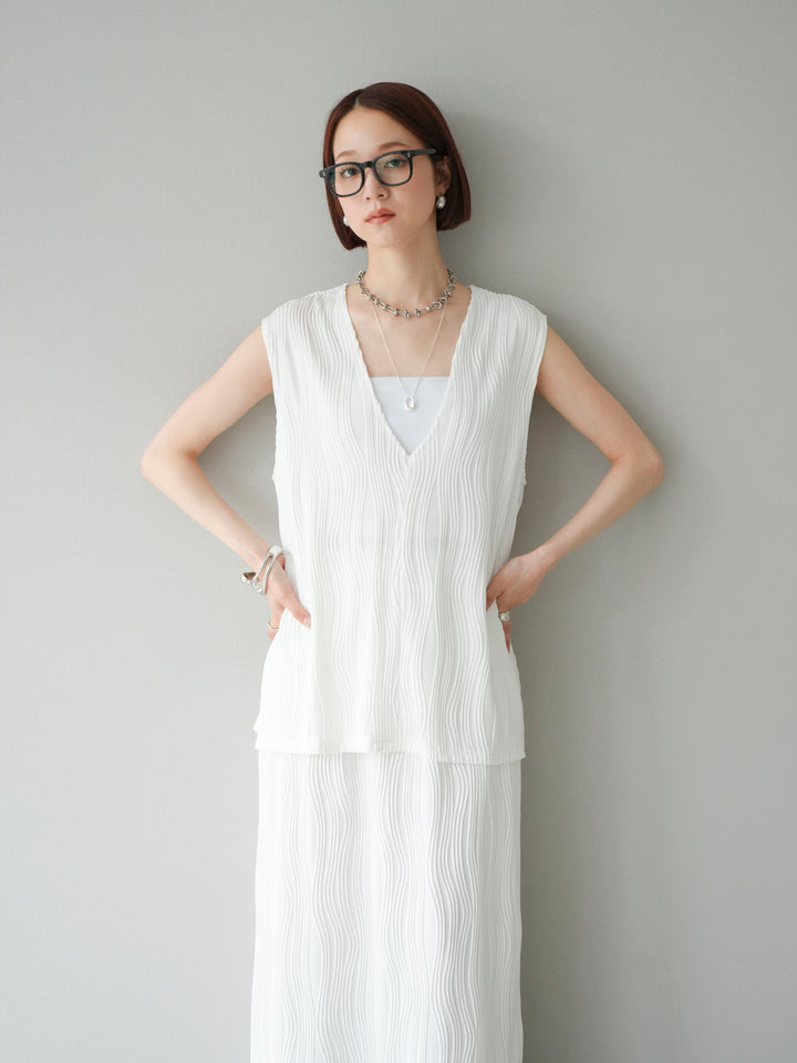 [SET]ウェーブパイピングVネックベスト+カップ付テレコリブベアキャミソール(2set)