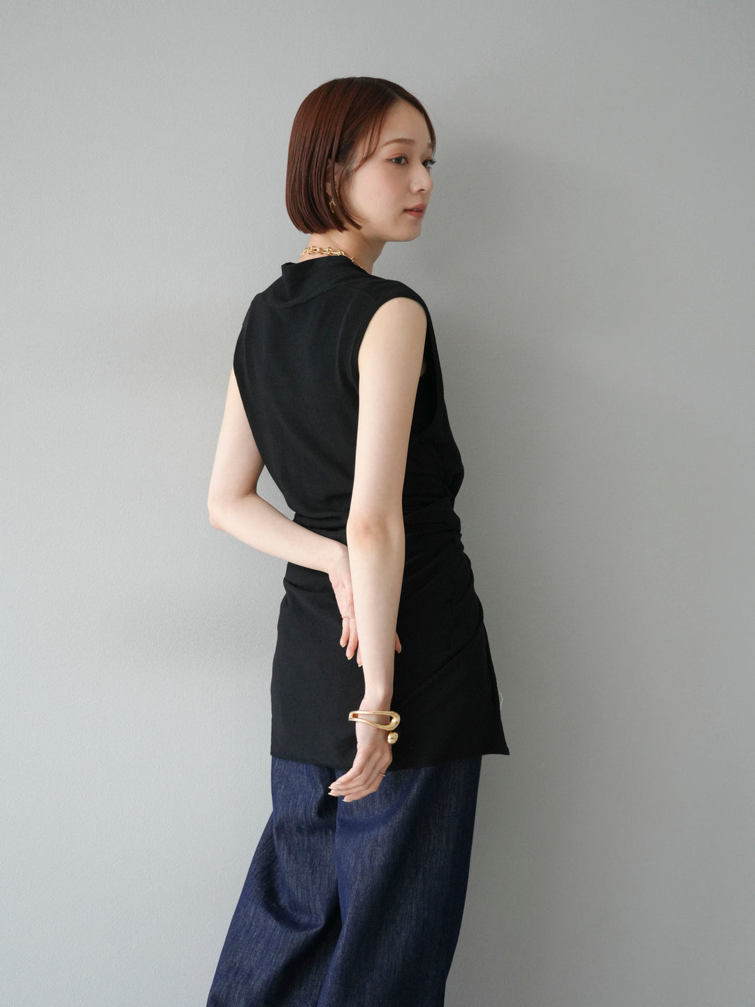 [SET]腰巻きデザインノースリーブニットカーディガン+ヒップデザインデニムパンツ(2set)