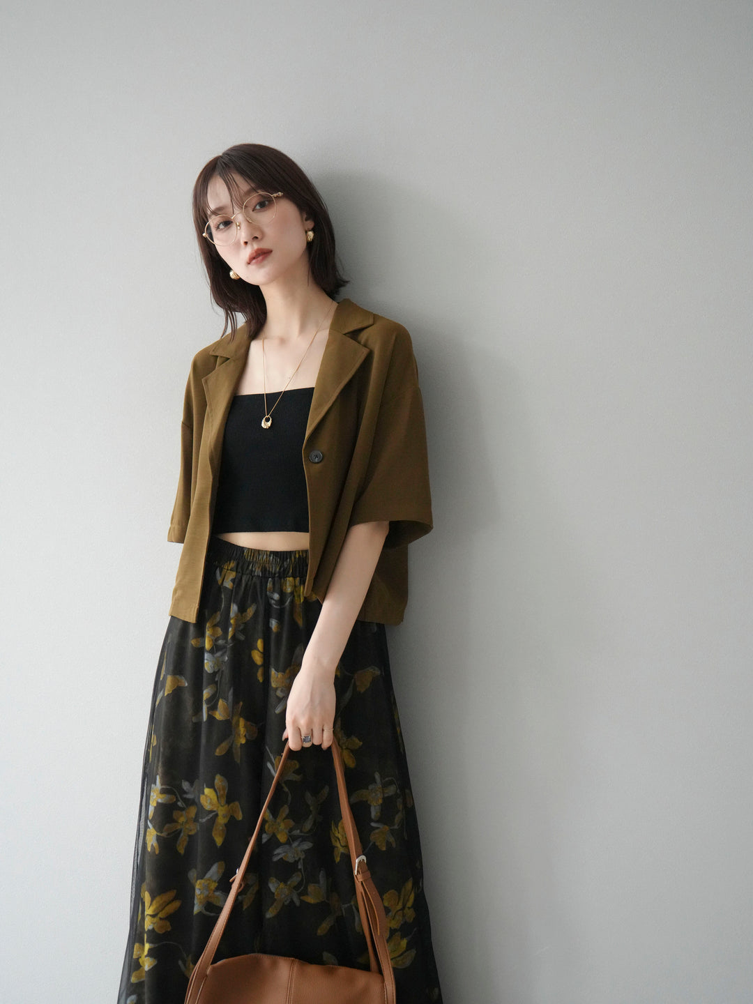 [SET]ハーフショートジャケット+フラワープリントチュールレイヤードパンツ(2set)