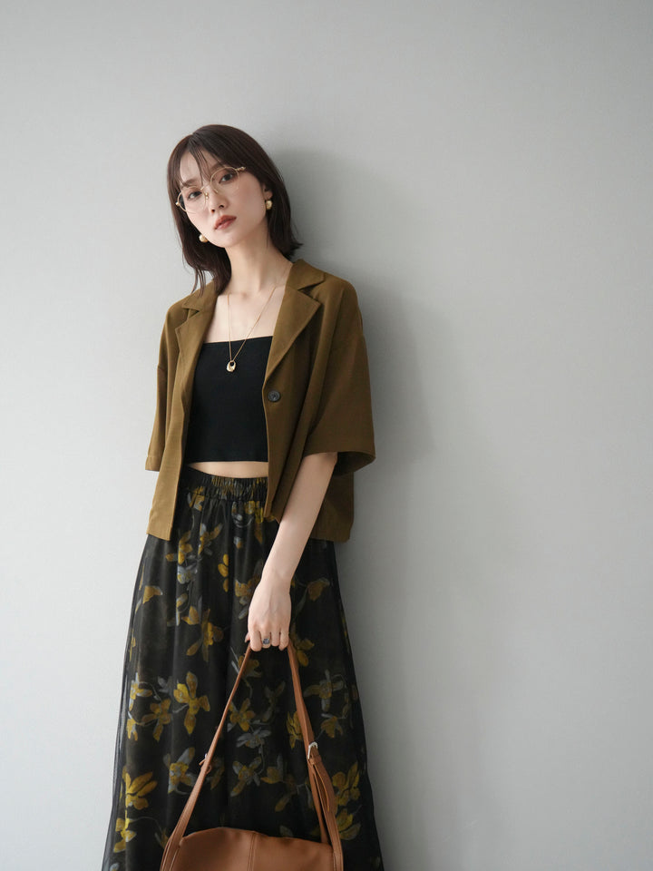 [SET]ハーフショートジャケット+フラワープリントチュールレイヤードパンツ(2set)