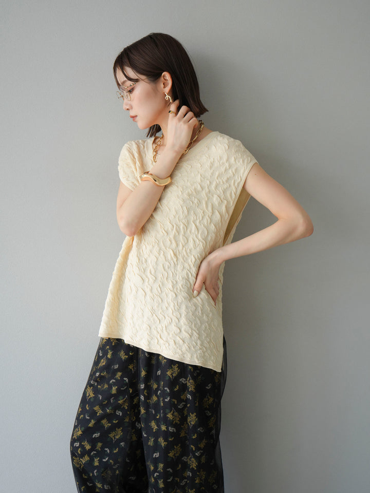 [SET]ポコポコノースリーブニットプルオーバー+コード刺繍チュールレイヤードパンツ(2set)