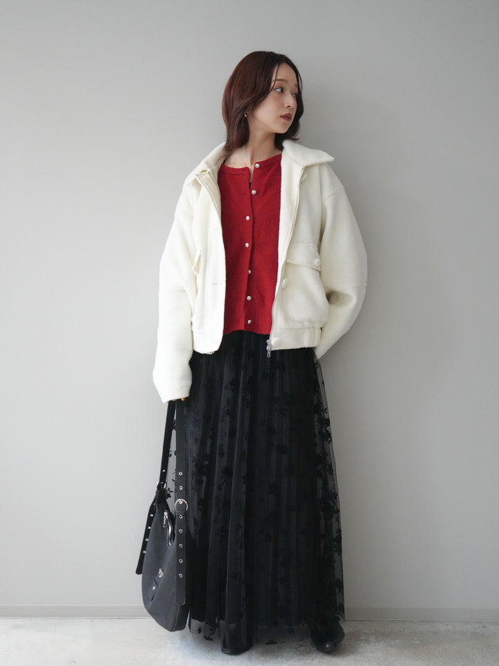 [予約]フラワーフロッキーチュールプリーツスカート/black