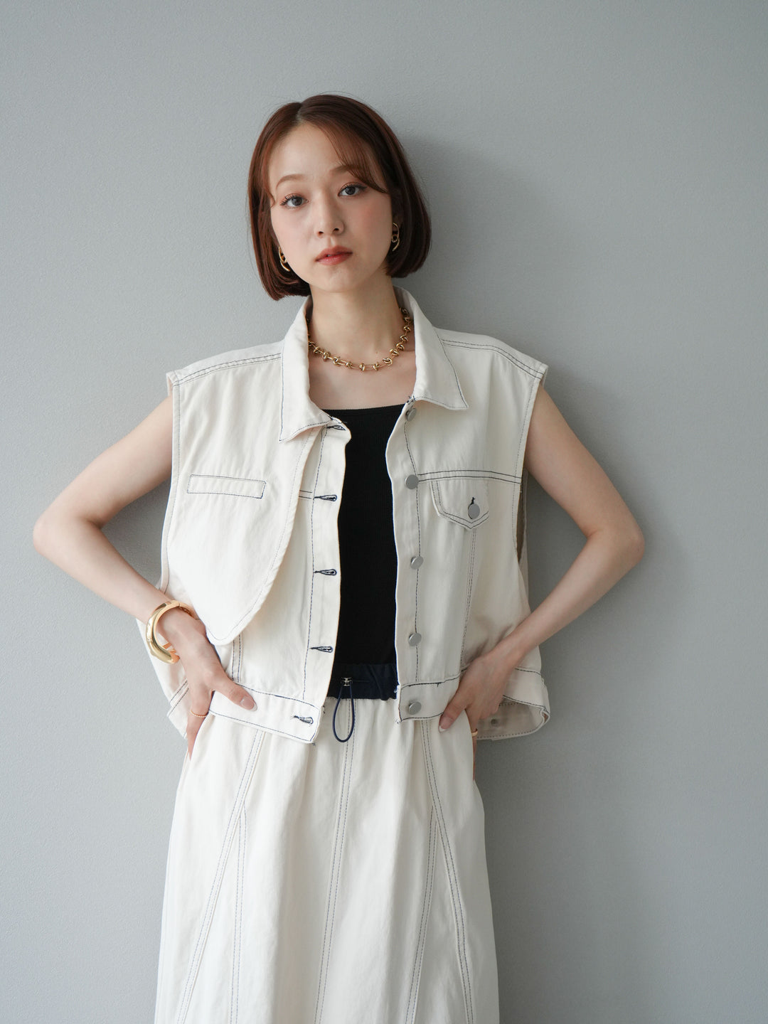 [SET]ステッチコットンツイルベスト＆スカートSET UP(2set)
