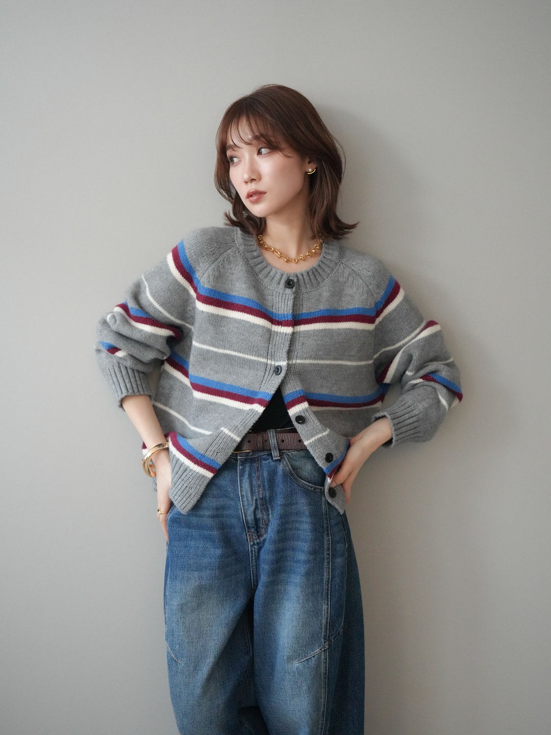 [SET]ランダムボーダーニットカーディガン+デザインステッチカーブデニムパンツ(2set)