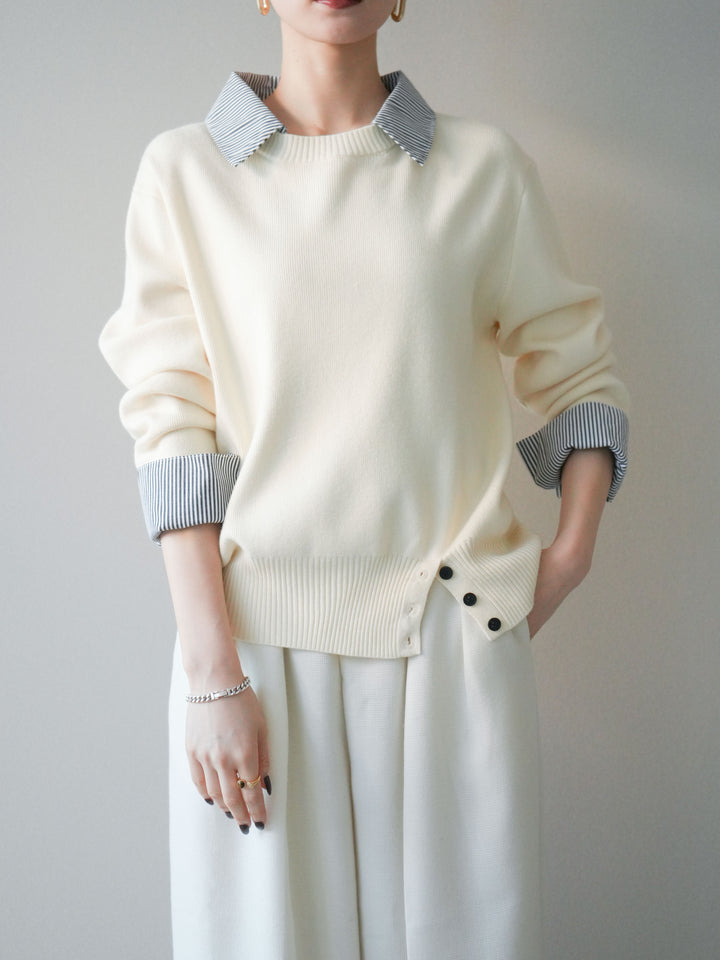 [予約]シャツドッキングデザイン裾ボタンニットプルオーバー/beige
