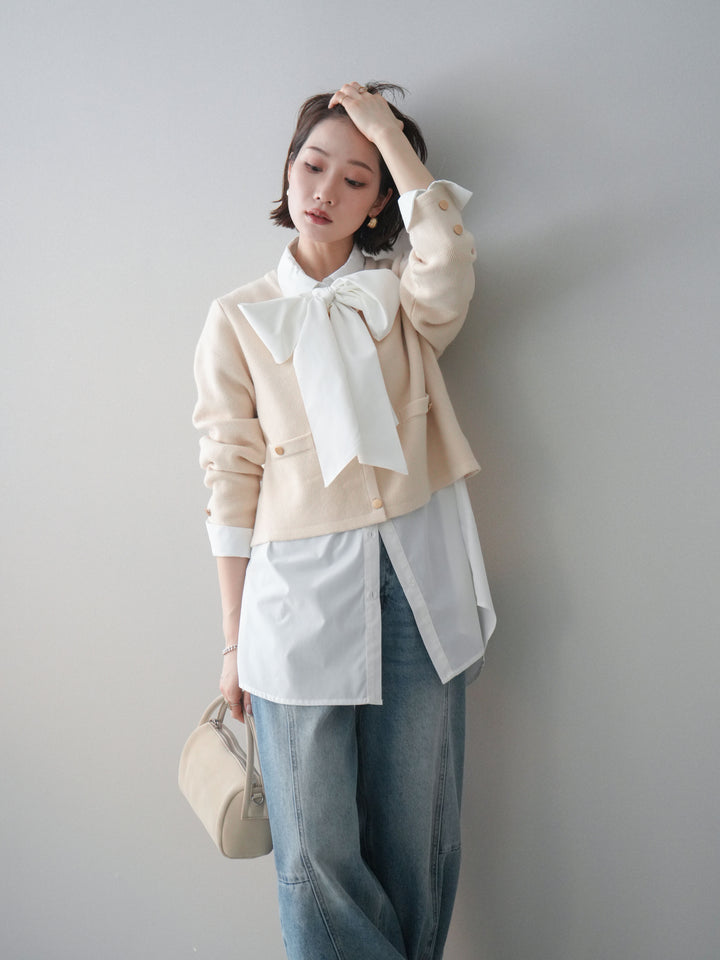 [SET]ゴールドボタンノーカラーニットジャケット+ボウタイ付オーバーシャツ+ガーメントウォッシュカーブデニムパンツ(3set)