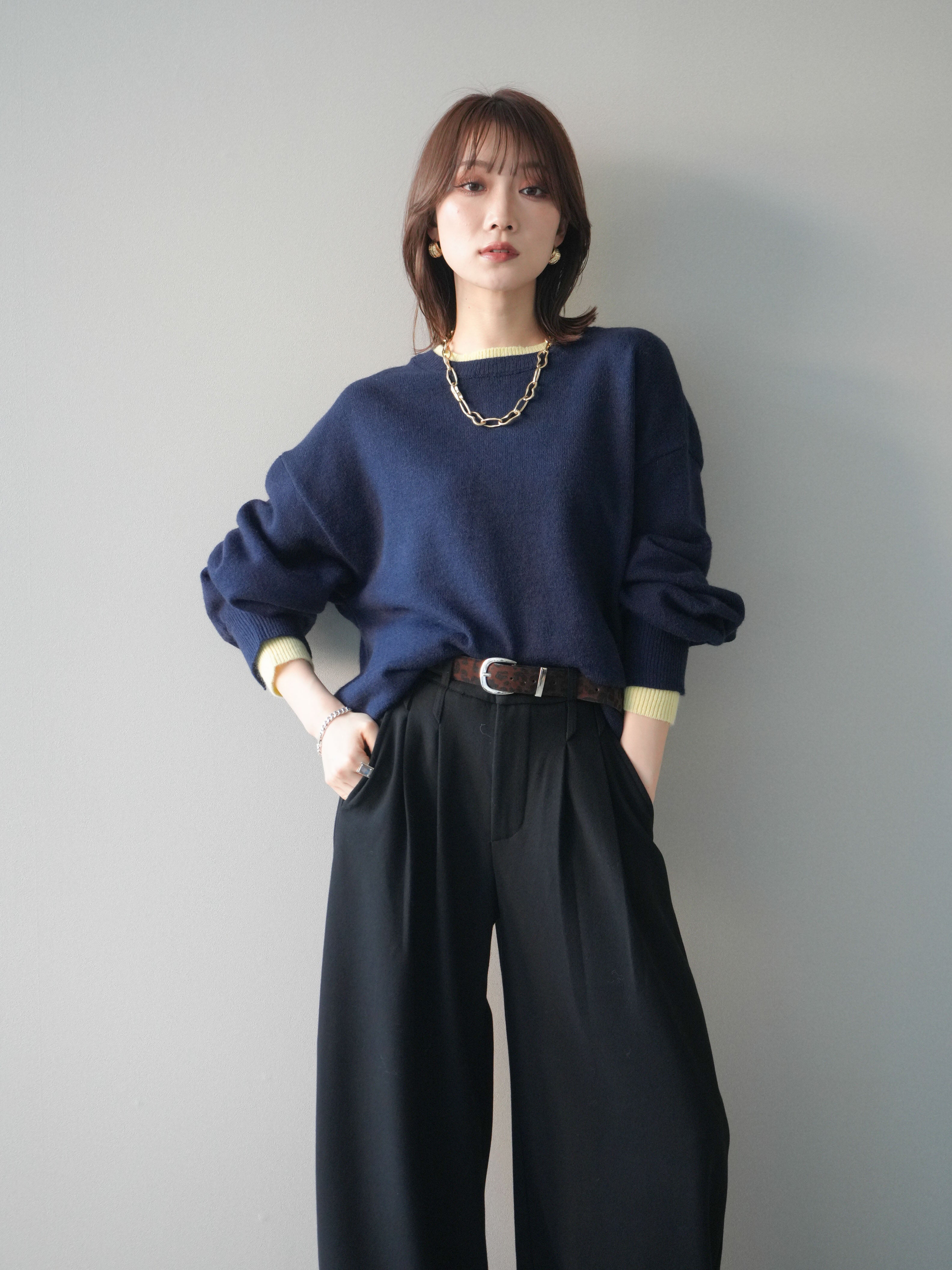 SET]ヘンリーネック配色レイヤードニットプルオーバー+ヘンリーネック