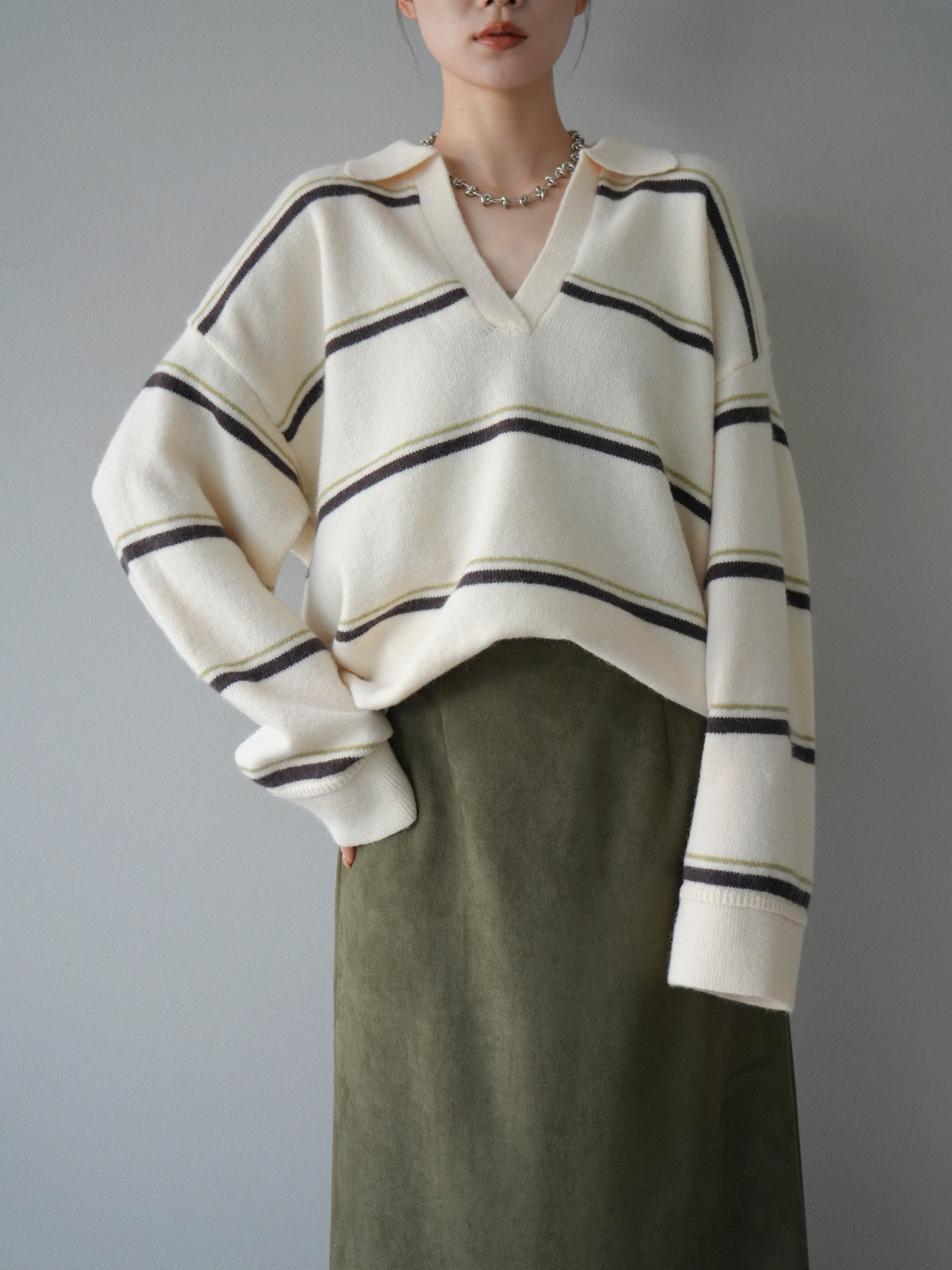 予約]ポロ襟スキッパーボーダーニットプルオーバー/アイボリー – Lumier