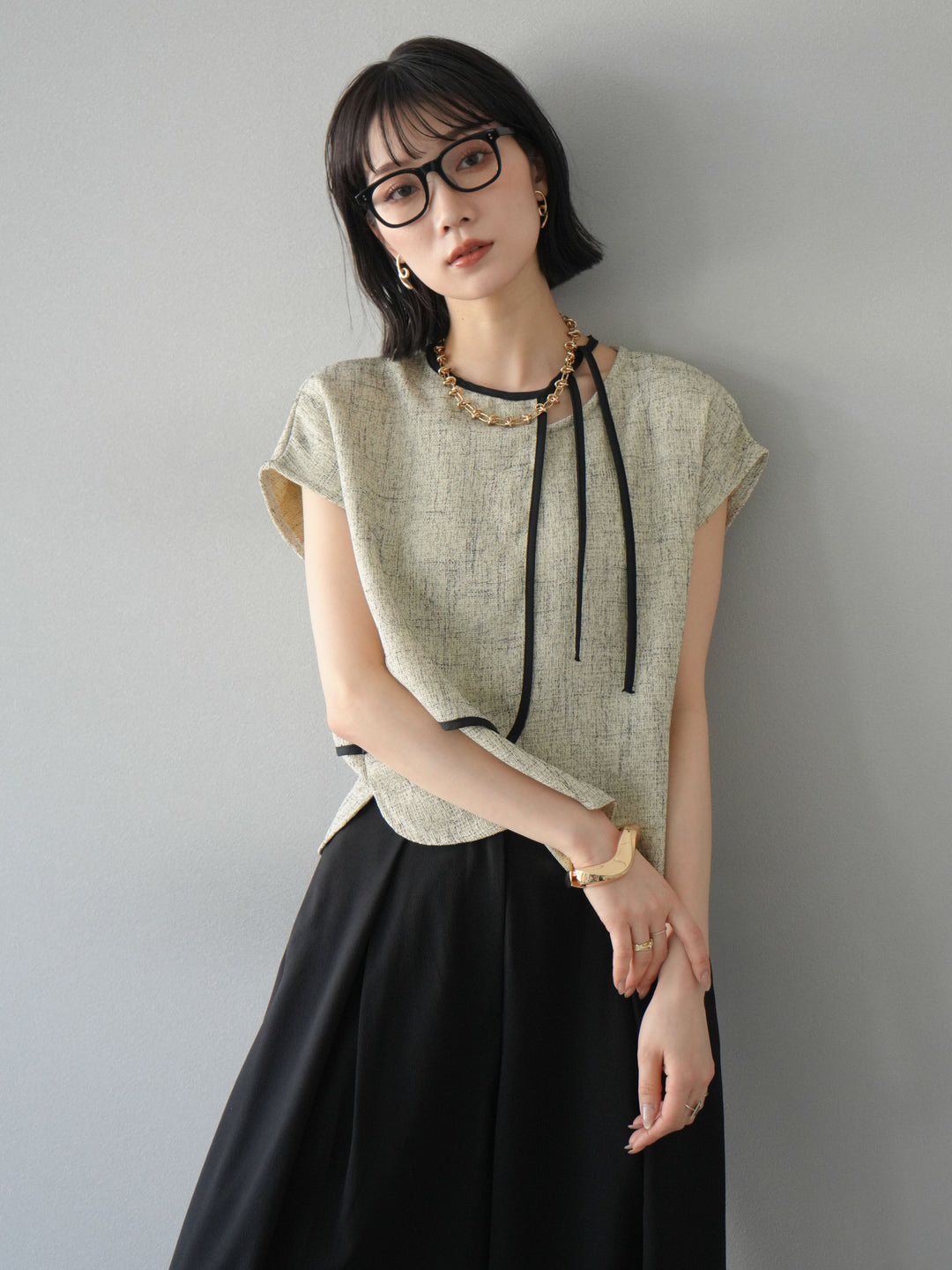 [SET]サマーツイードケープデザインプルオーバー+クレープシフォンタックワイドパンツ(2set)