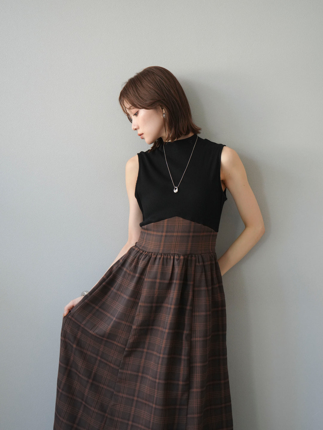 [予約]テレコ×チェックドッキングノースリワンピース/ブラック×ブラウン