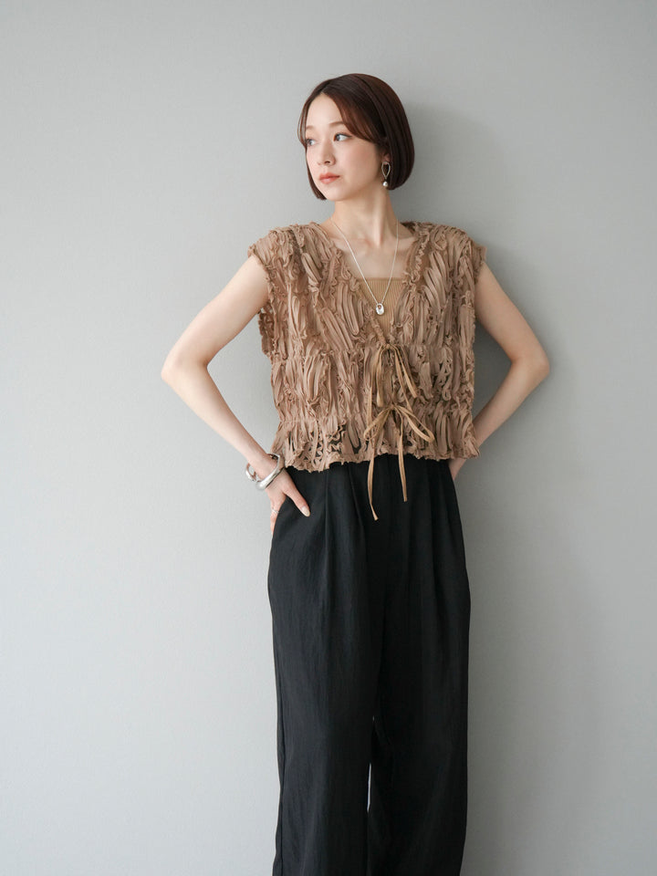 [SET] 提花蕾絲蝴蝶結上衣+麻質下擺迴力寬褲（2件套）