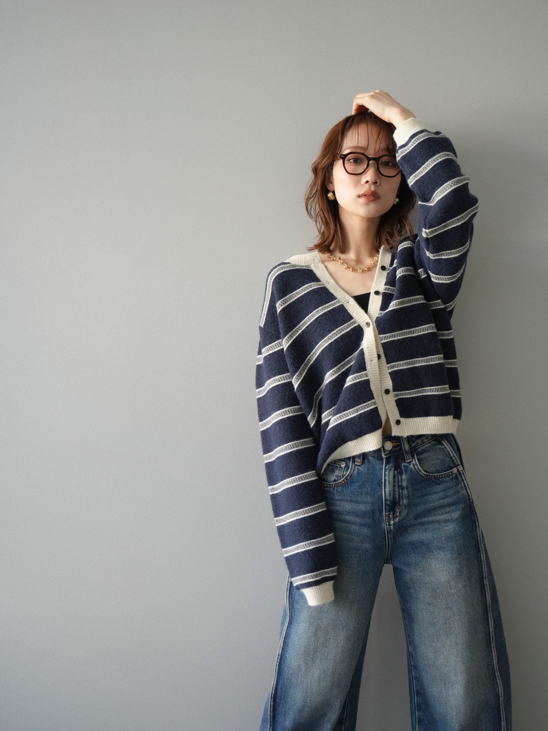[予約]配色ボーダーニットカーディガン/navy