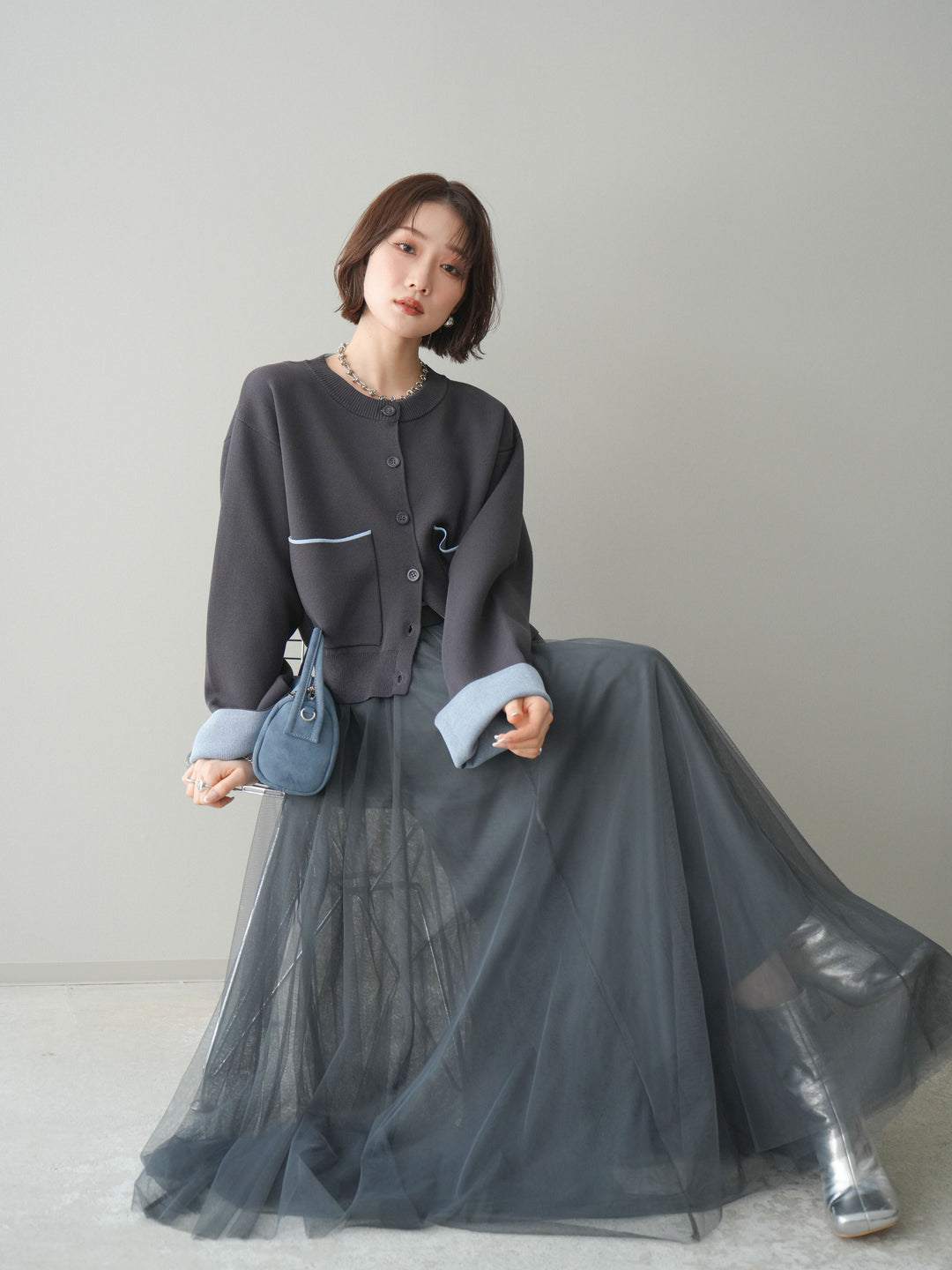 [予約]レーヨンポリダブルフェイスニットカーディガン/charcoal