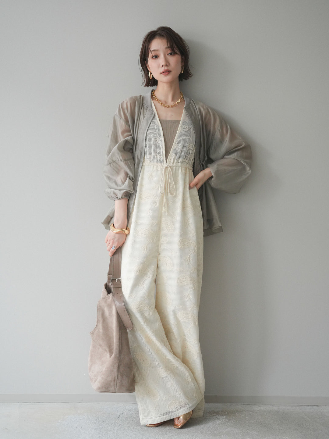 [SET]レース刺繍サロペット+ドロストシアーブルゾン(2set)