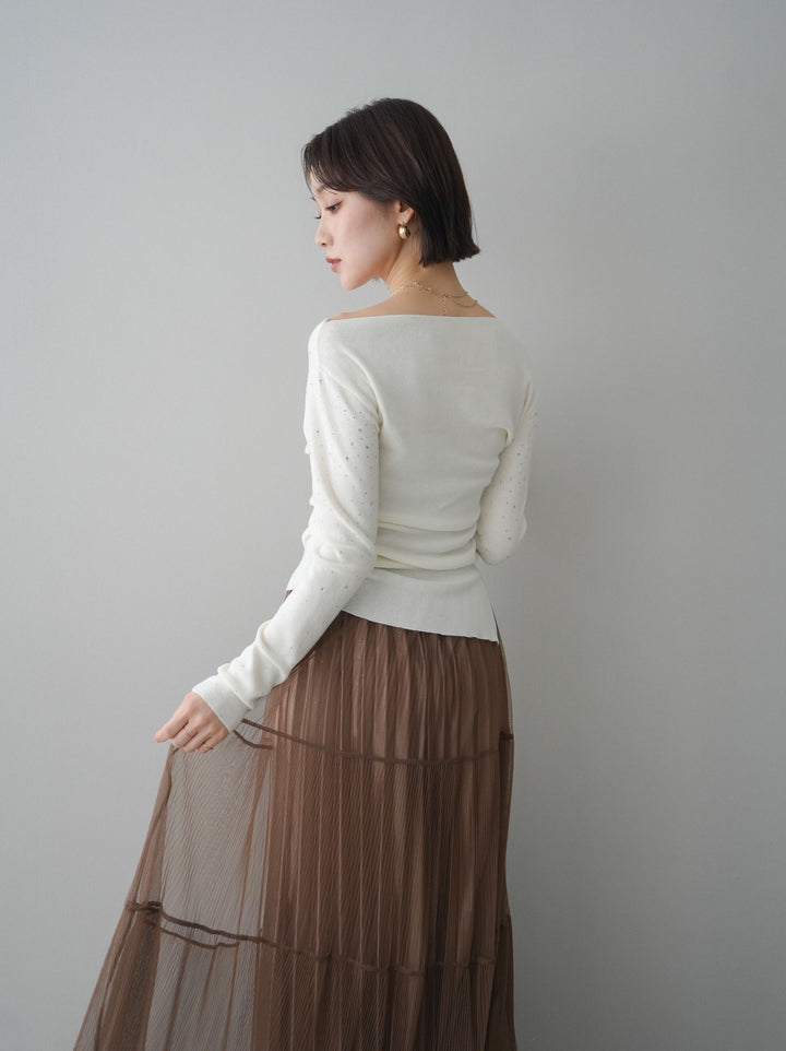 [予約]ラインストーンアシンメトリーニットトップス/ivory