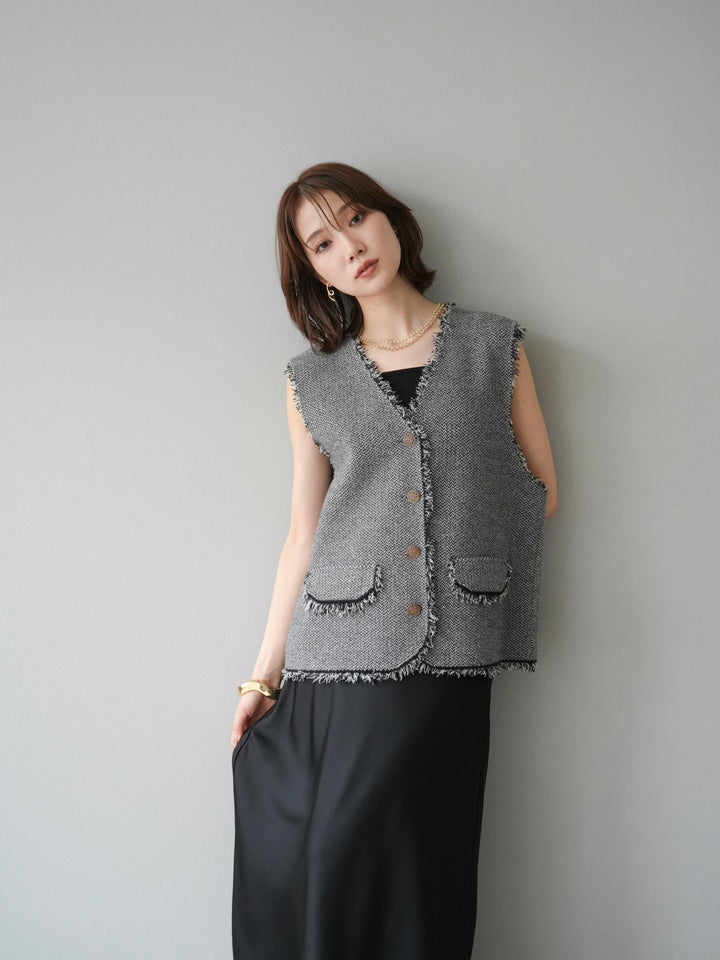 [予約]ツイードライクフリンジニットベスト/ブラック