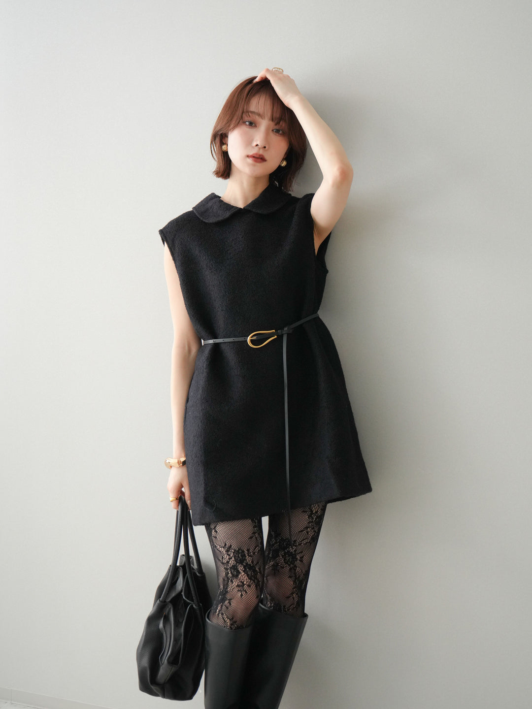 [SET]襟付きブークレミニワンピース+選べるアクセセット(2set)