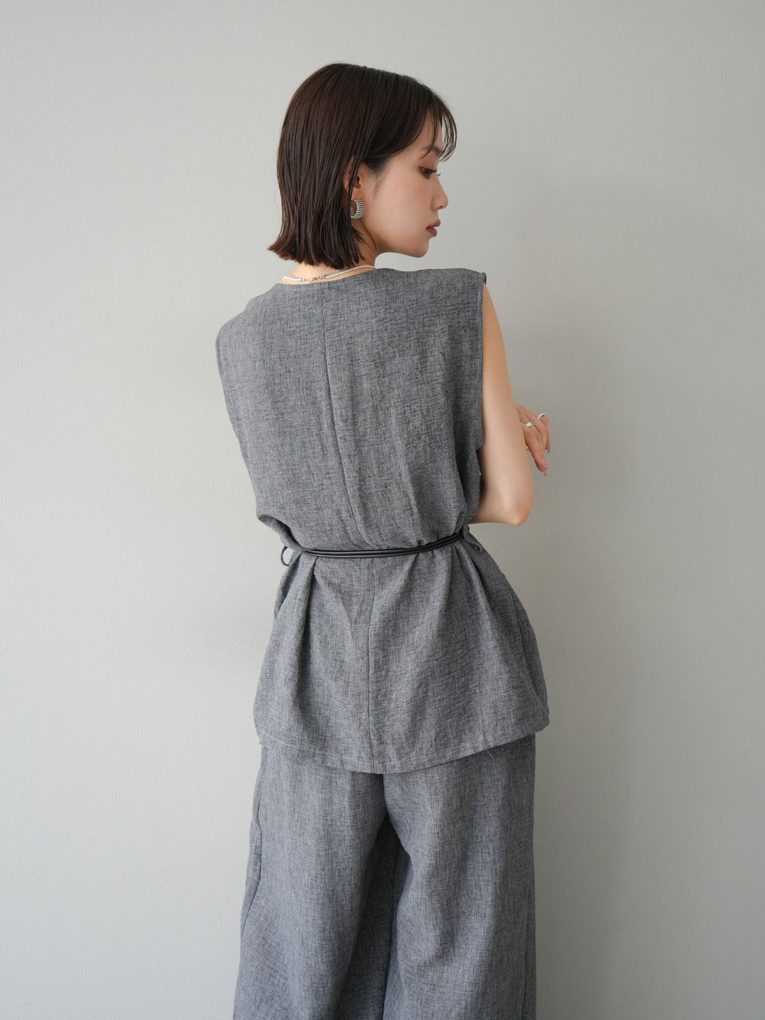 [SET]ベルト付リネンタッチベスト＆ワイドパンツSET UP(2set)