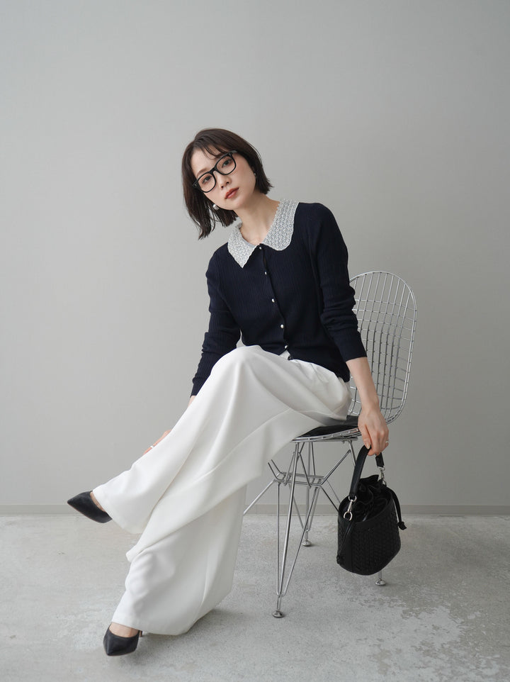 [SET]ビジュー襟パールボタンニットカーディガン+編み込みベルト付タックワイドパンツ(2set)