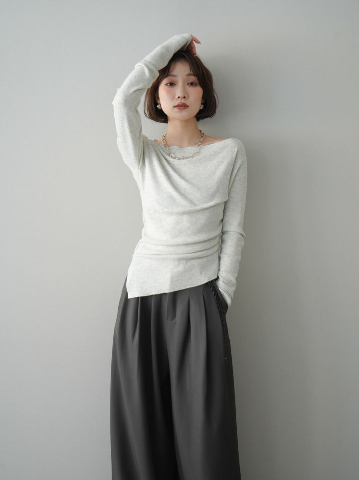 [予約]ラインストーンアシンメトリーニットトップス/gray