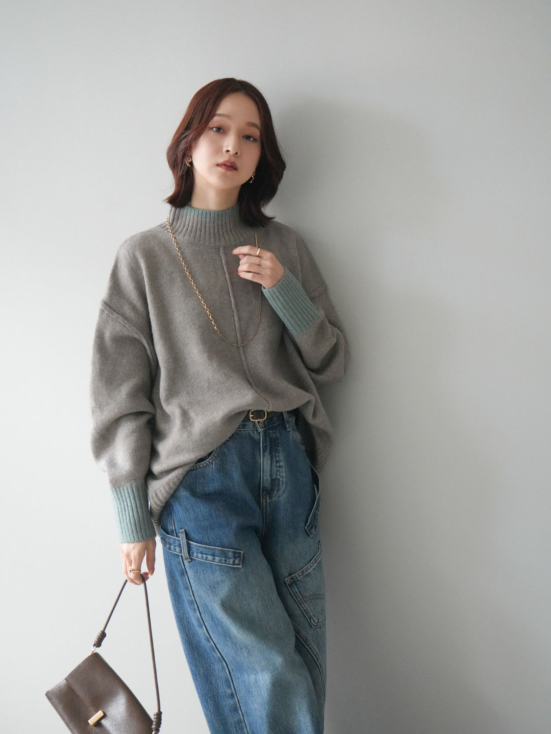 [SET]配色ハイネックニットプルオーバー+ペインターカーブデニムパンツ(2set)