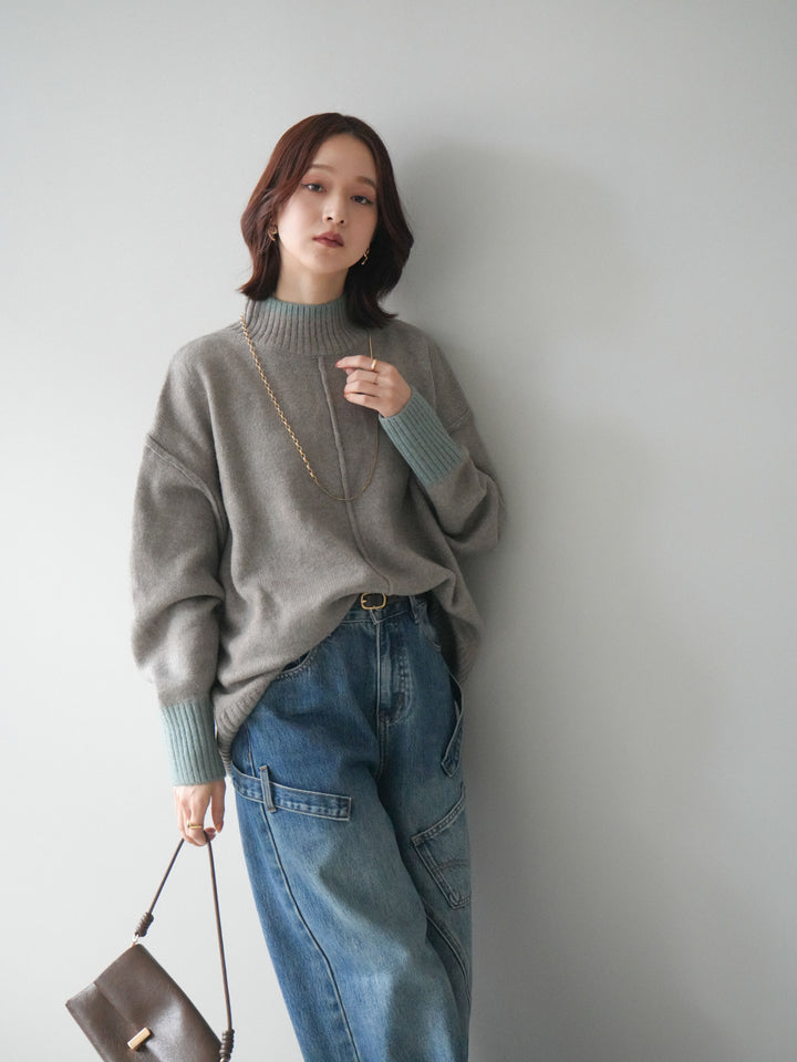 [SET]配色ハイネックニットプルオーバー+ペインターカーブデニムパンツ(2set)