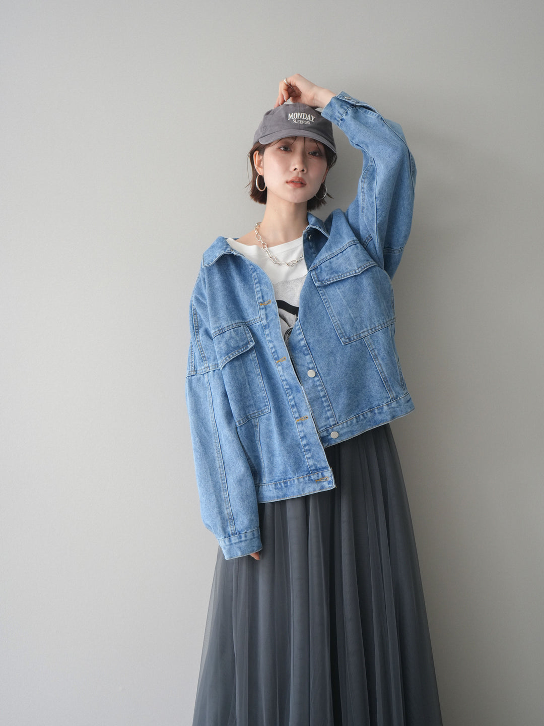 [SET]ルーズシルエットデニムジャケット+チュールボリュームスカート(2set)