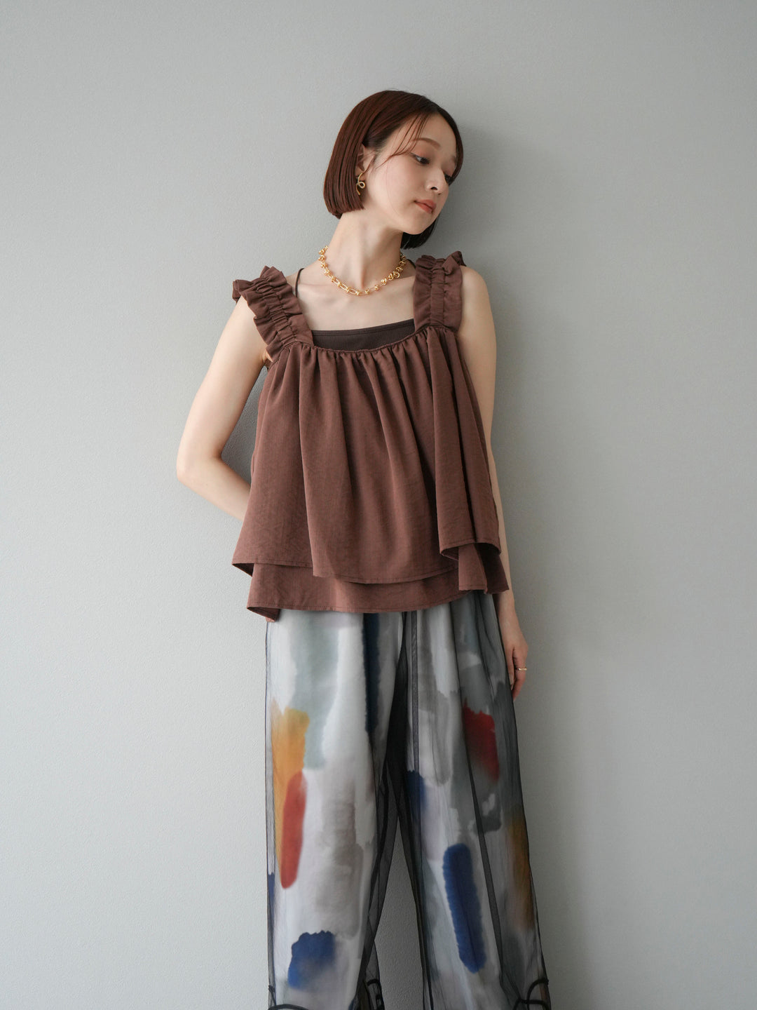 [SET] 縮肩喇叭背心 + 水彩藝術休閒褲 (2 件組)