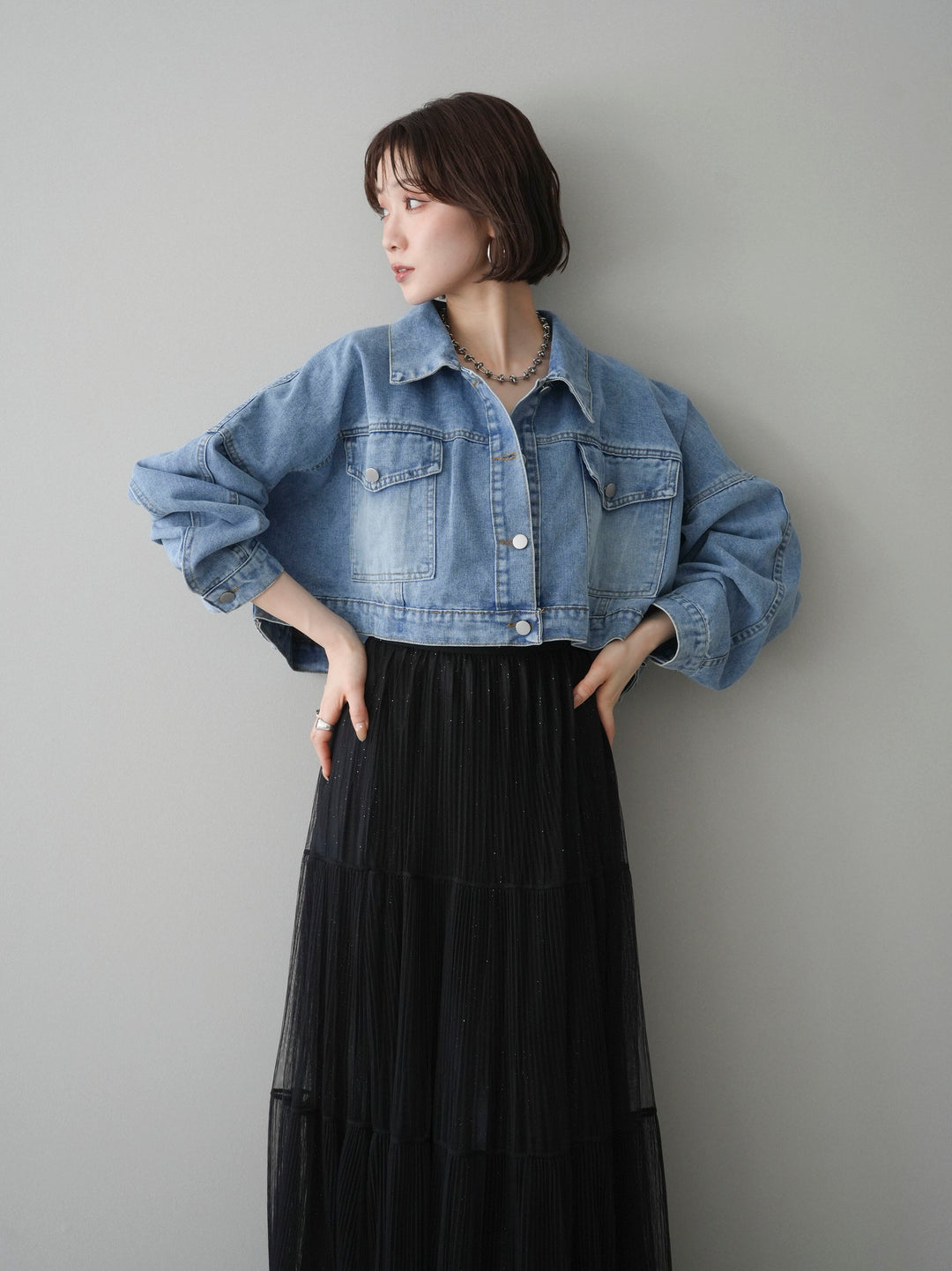 [SET]デニムショートシャツジャケット+ラメプリーツレイヤードチュールロングスカート(2set)