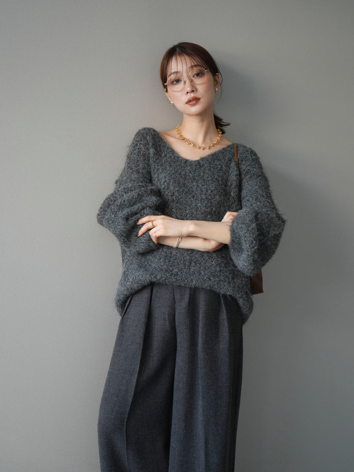[予約]ウールタッチラメミックスヤーンVネックニットプルオーバー/charcoal