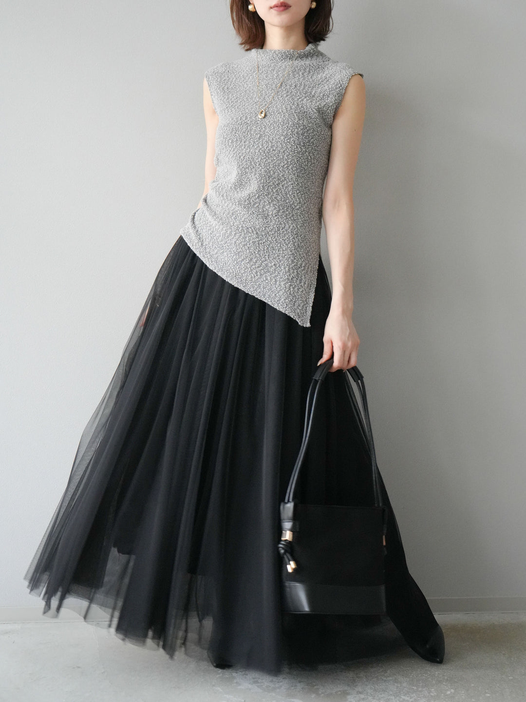 [予約]ブークレアシメニットノースリーブトップス/グレー