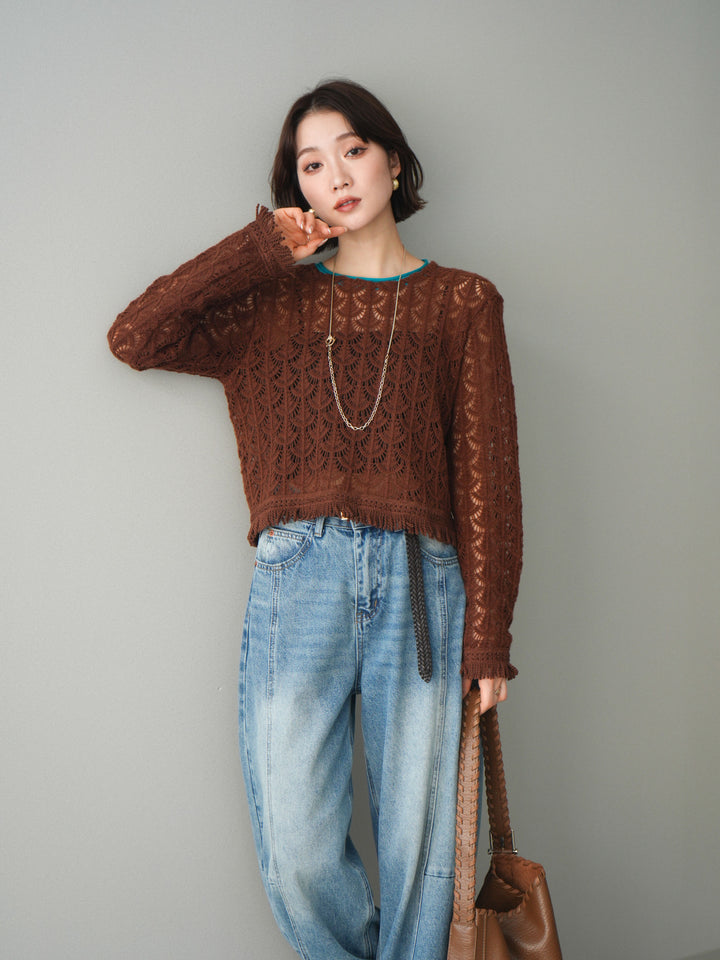 [予約]扇透かし編みクロップドニットプルオーバー/brown