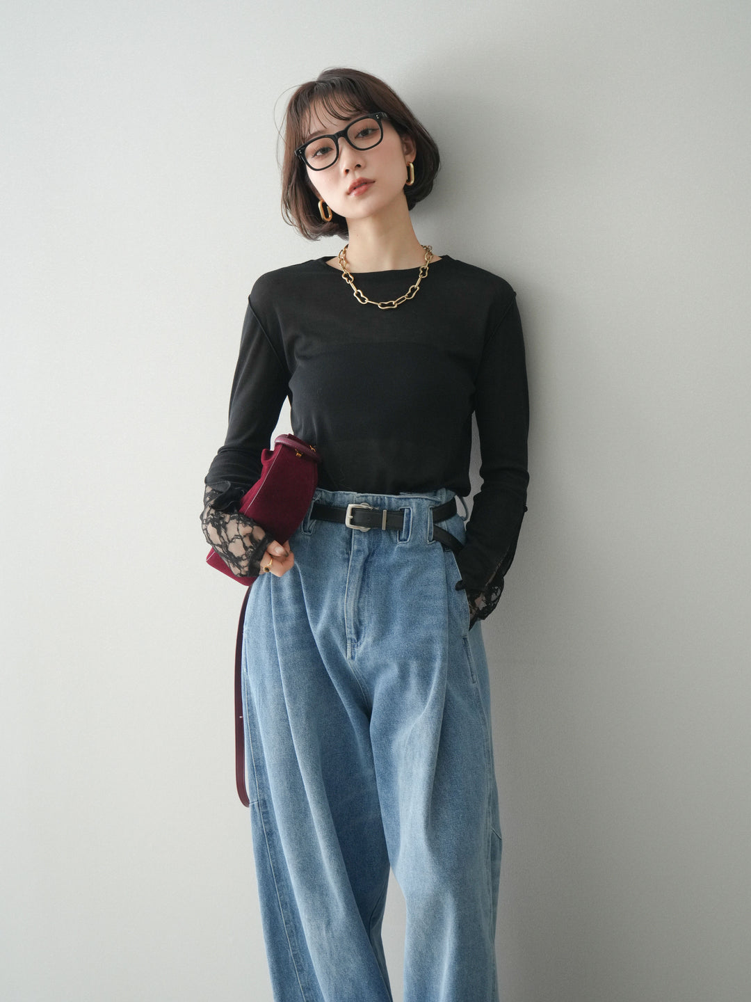 [SET]袖レースレイヤードデザインメロートップス+選べるアクセセット(2set)