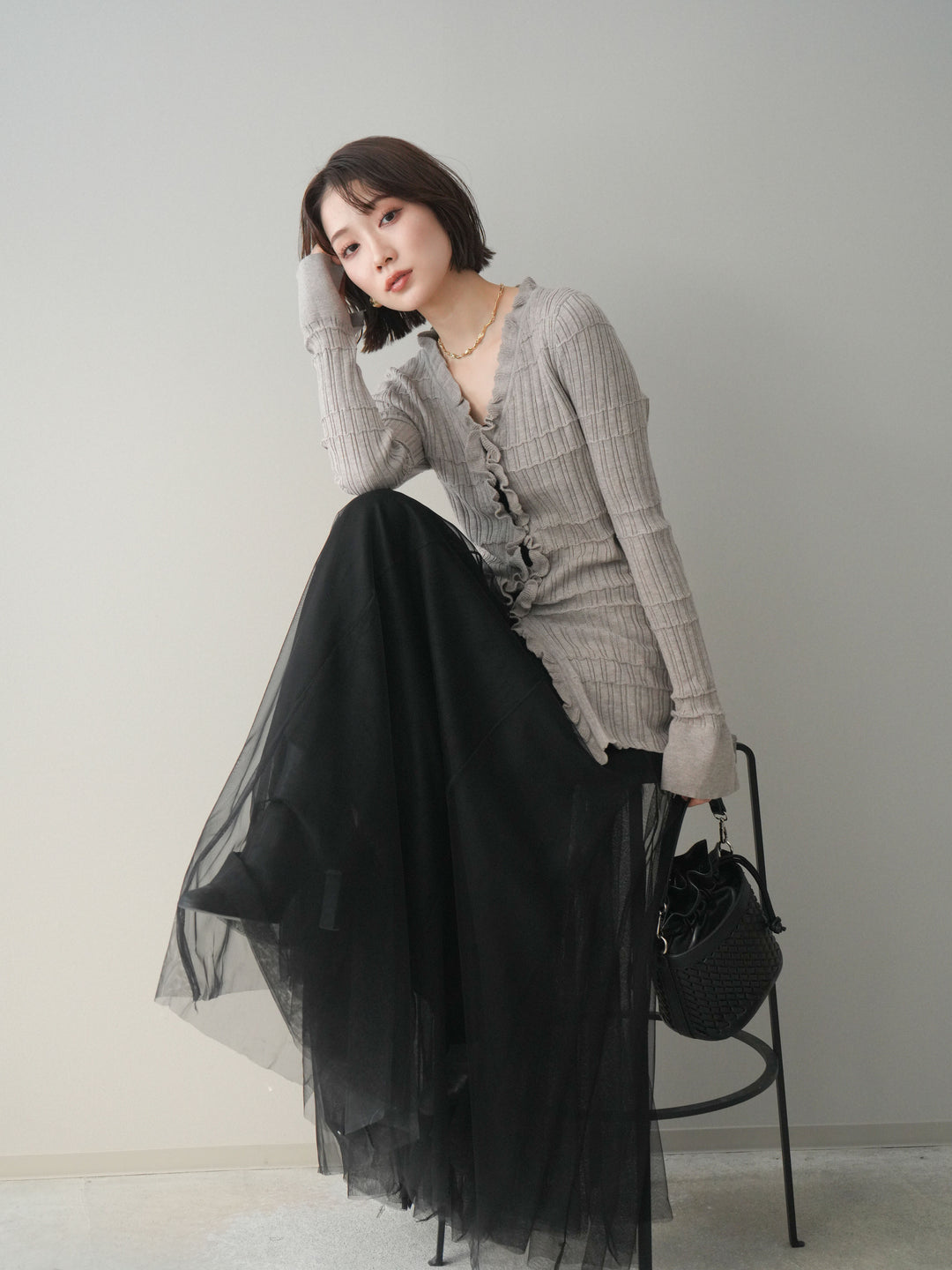 [予約]フロントフリルリブニットカーディガン/greige