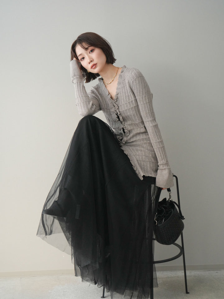 [予約]フロントフリルリブニットカーディガン/greige