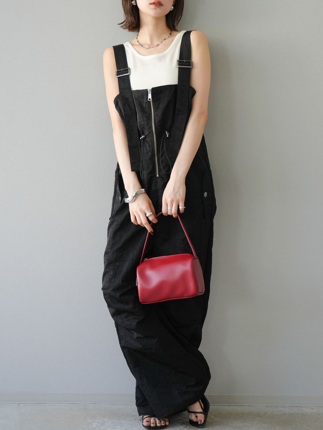 [予約]ナイロンタックデザインサロペット/ブラック