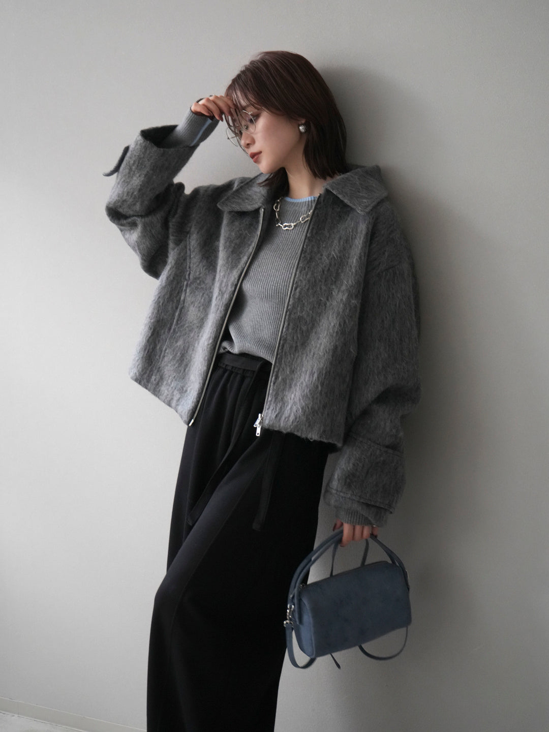 [予約]袖ビックループシャギージップブルゾン/charcoal