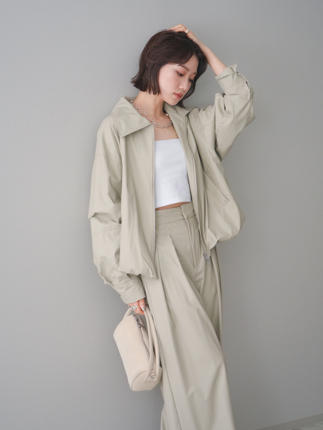 [予約]ウォッシャブルフェイクレザーバルーンジャケット/ecru