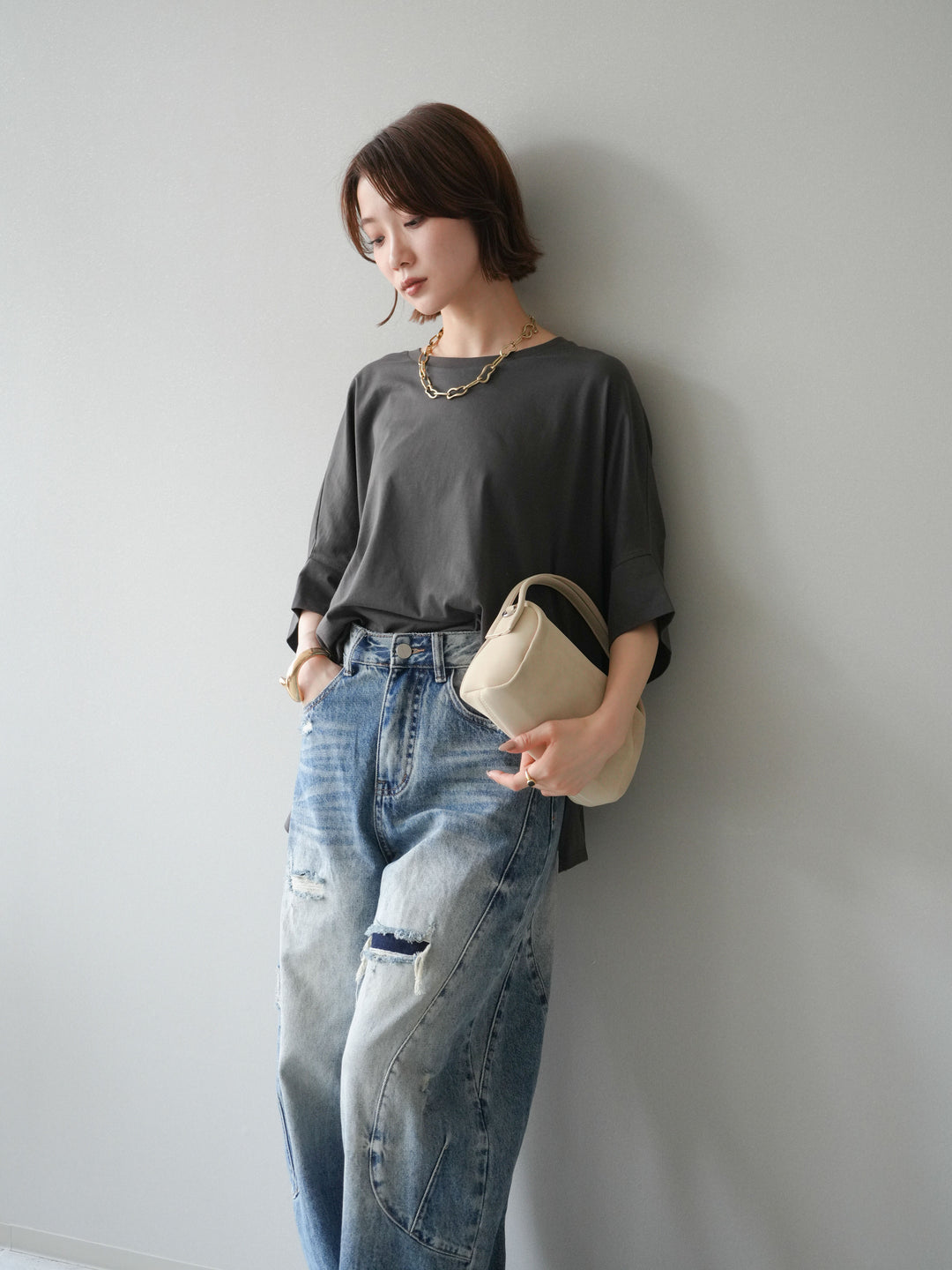 [SET]ドルマンワイドフレアトップス+ダメージカーブワイドデニムパンツ(2set)