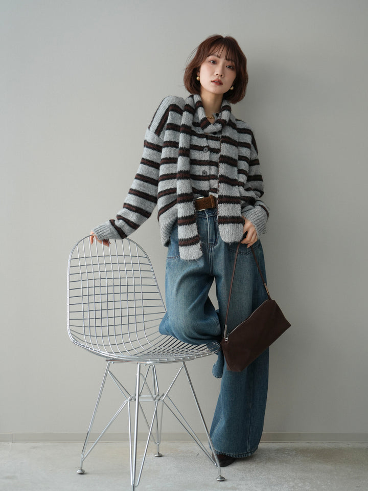 [SET]ボウタイ付きボーダーニットプルオーバー+ベルト付裏起毛カーブデニムパンツ(2set)