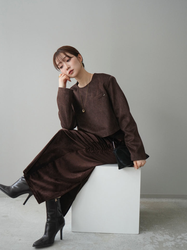 [予約]リブニットレイヤードスエードプルオーバー/brown