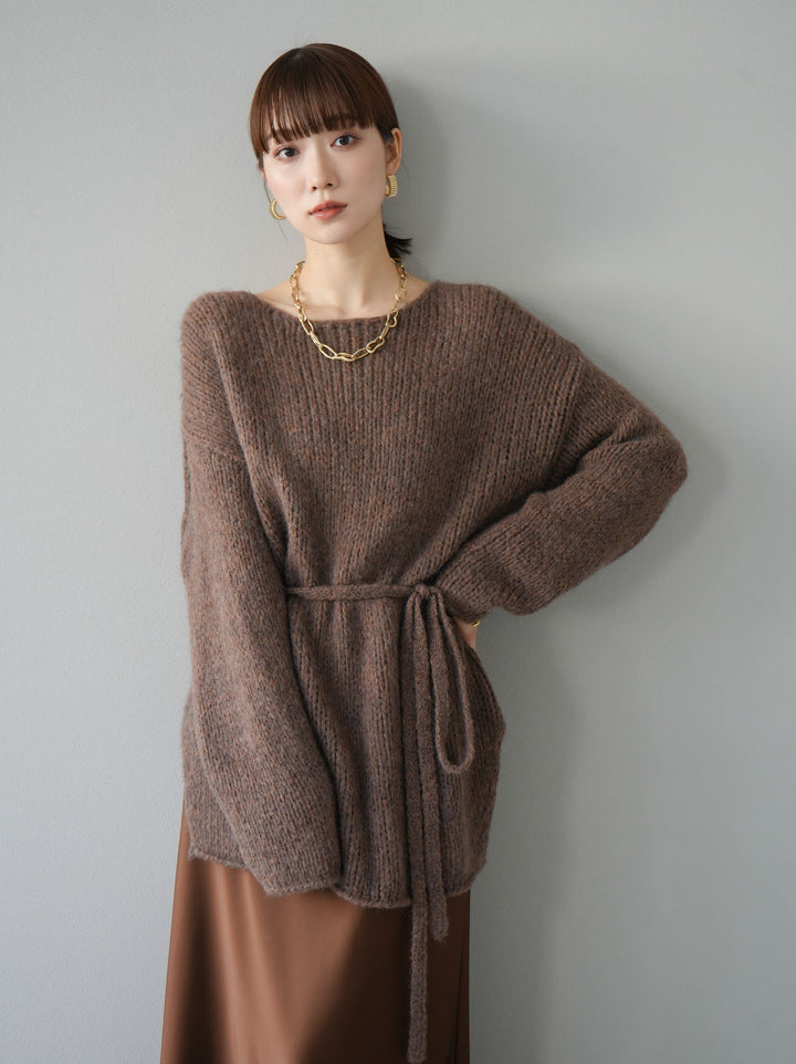 [予約]紐付きあぜ編みオーバーニットプルオーバー/ブラウン