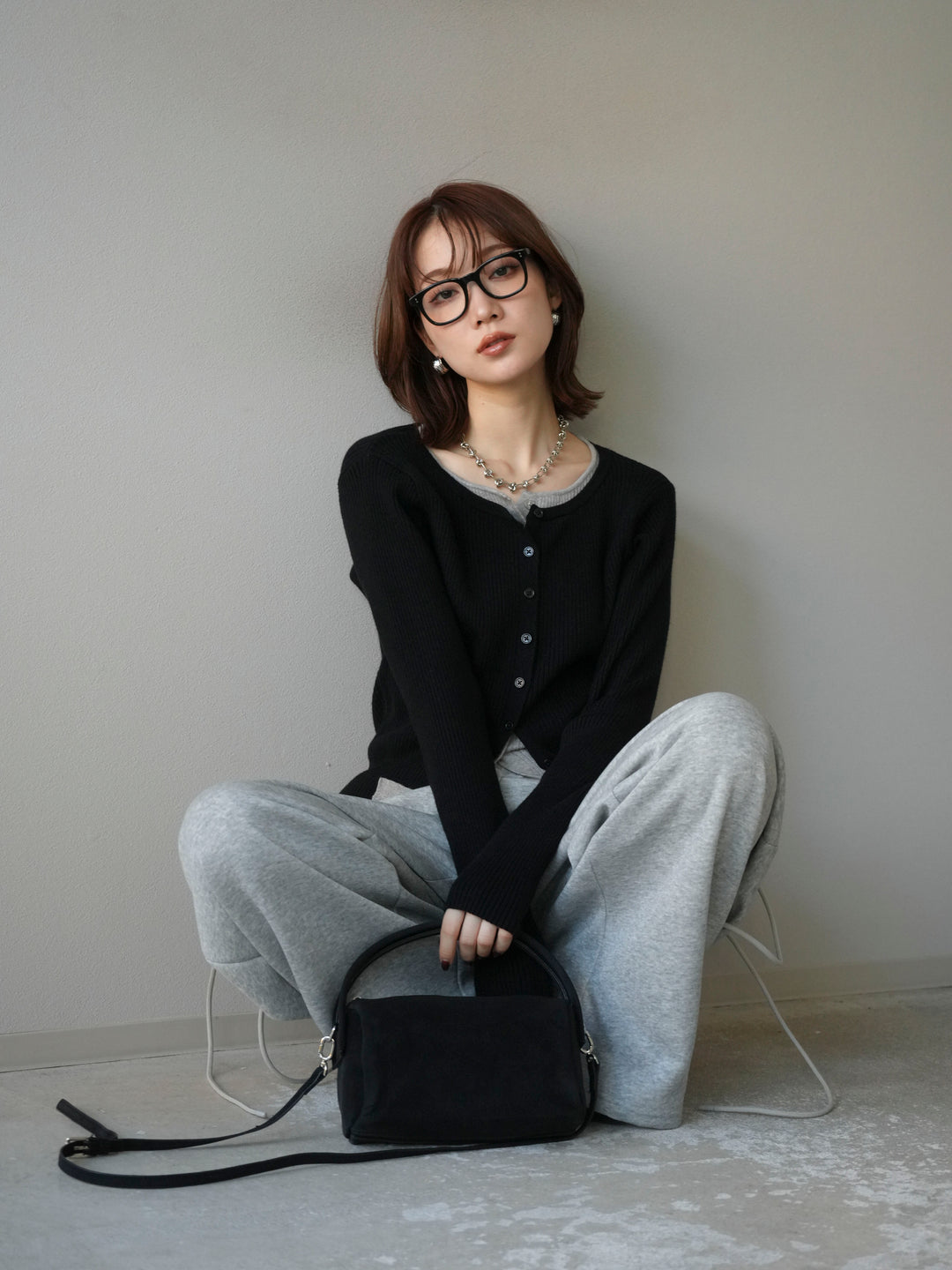 [予約]レイヤード配色ニットカーディガン/ブラック