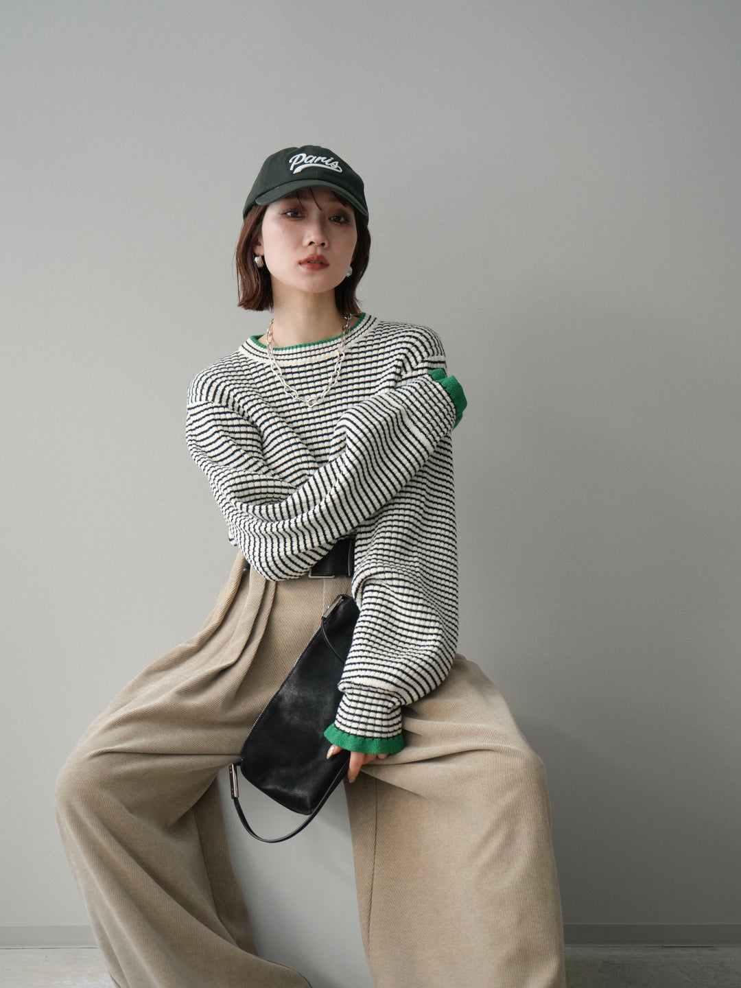 [予約]ラメ異素材ボーダーリブニットプルオーバー/off×green