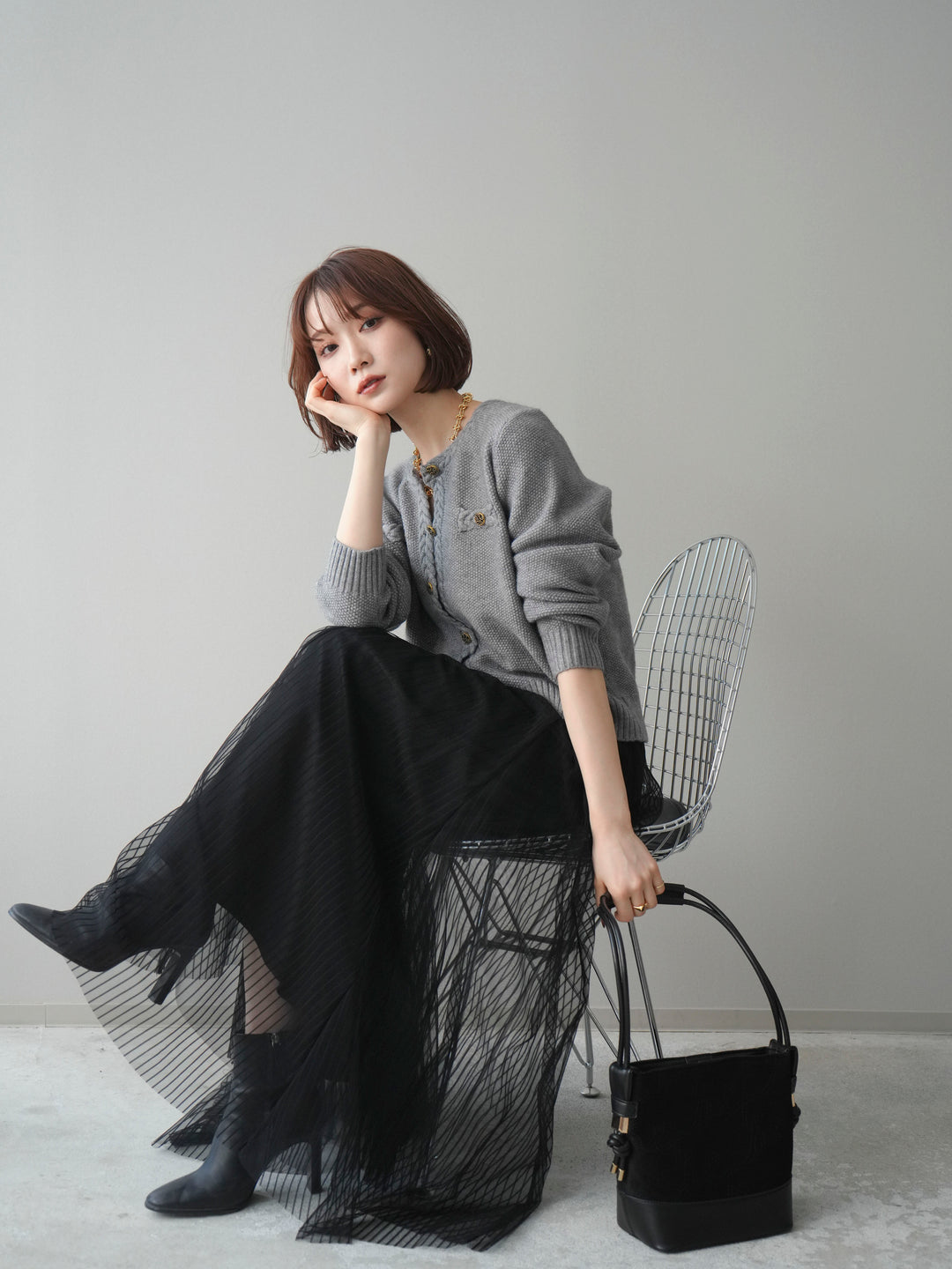 [SET]編みこみアンティークボタンニットカーディガン+チュールストライプボリュームスカート(2set)